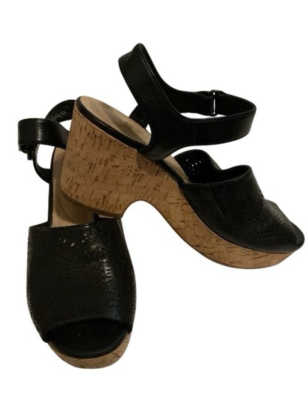 Clarks Artisan Wedge Sandals 7.5 M Hovens Fables Black Cork Laser Cut Leather